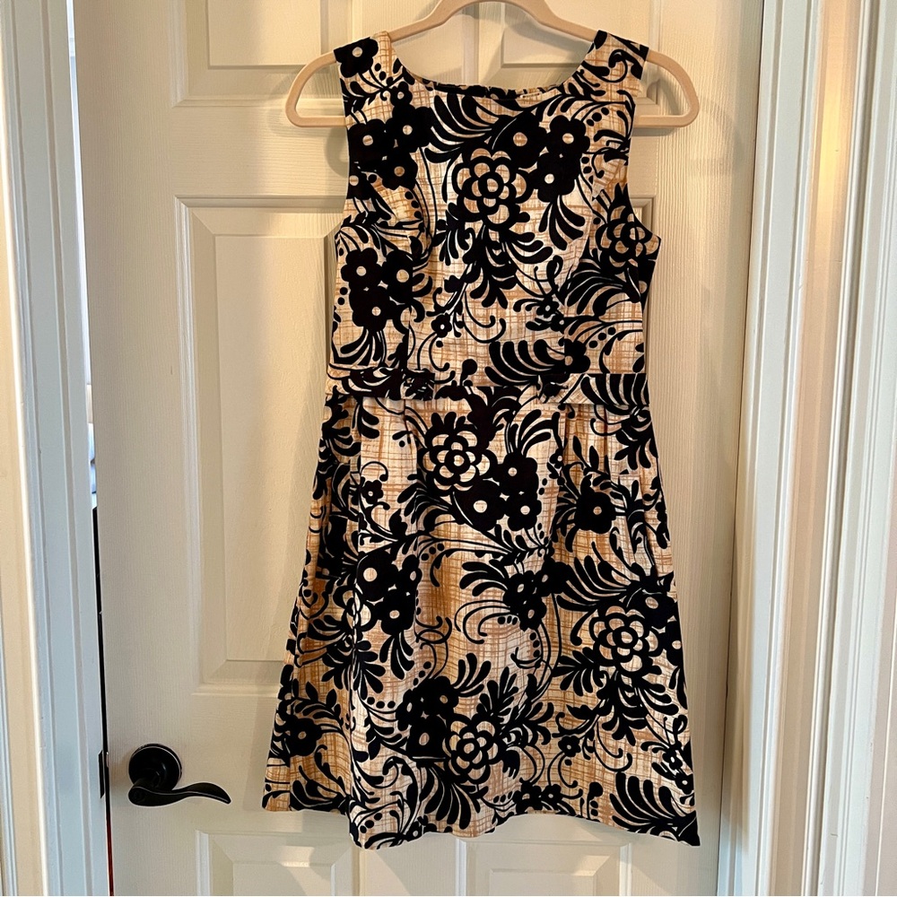 Anthropologie Hawaiian Floral Sleeveless  Dress Black & Tan/Beige Cotton Size 8